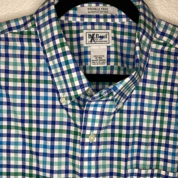 L.L. Bean Blue Green Plaid Wrinkle Free Slightly Fitted Button Down Cotton Shirt - Picture 3 of 3